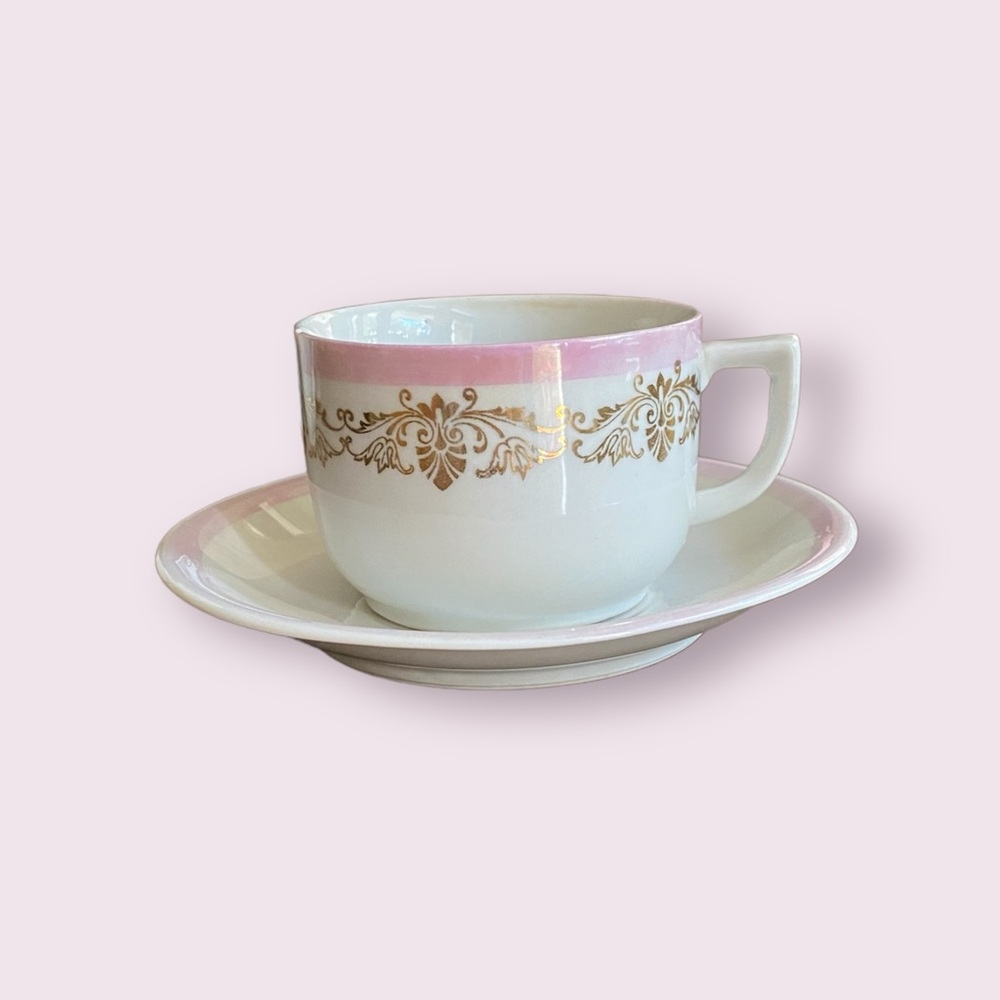 Antique German Porcelain Teacup & Saucer Set - Pink & Gold Filigree